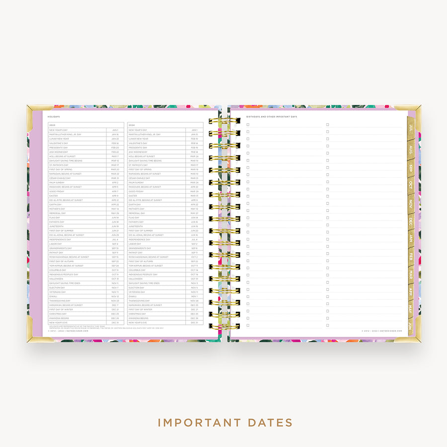 Day Designer's 2023 Daily Planner Blurred Spring with dates for 2023-2024 Holiday's and birthday tracker.