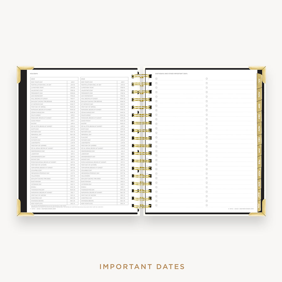 Day Designer's 2023 Daily Planner Classic Dot with dates for 2023-2024 Holiday's and birthday tracker.
