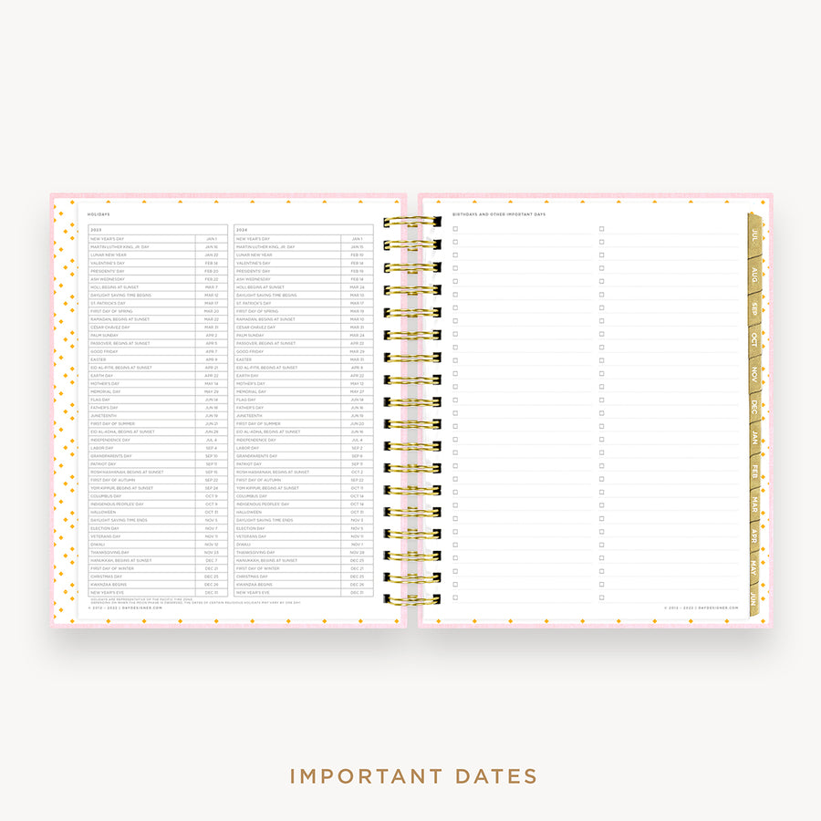 Day Designer's 2023 Daily Planner Peony Bookcloth with dates for 2023-2024 Holiday's and birthday tracker.