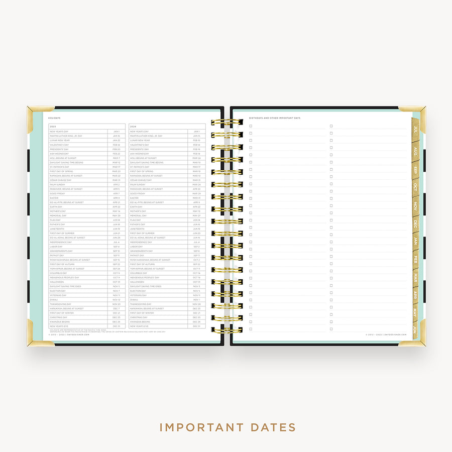 Day Designer's 2023 Daily Planner Black Stripe with dates for 2023-2024 Holiday's and birthday tracker.